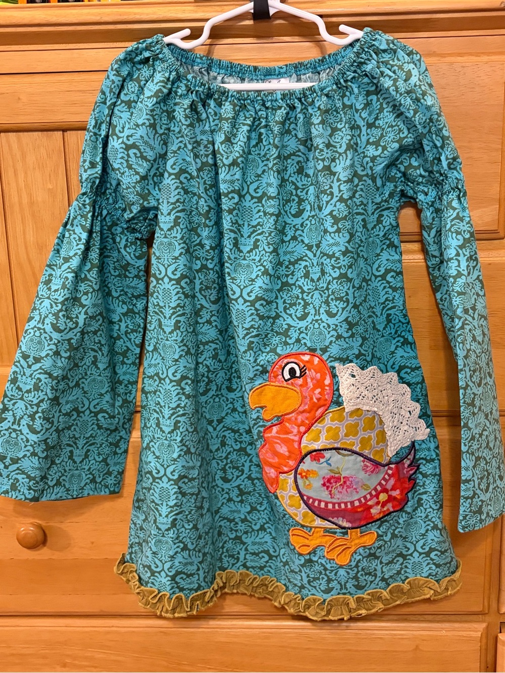 La Jenn's Girl's Blue Paisley Whimsical Thanksgiving Turkey Appliqué Dress 6X
